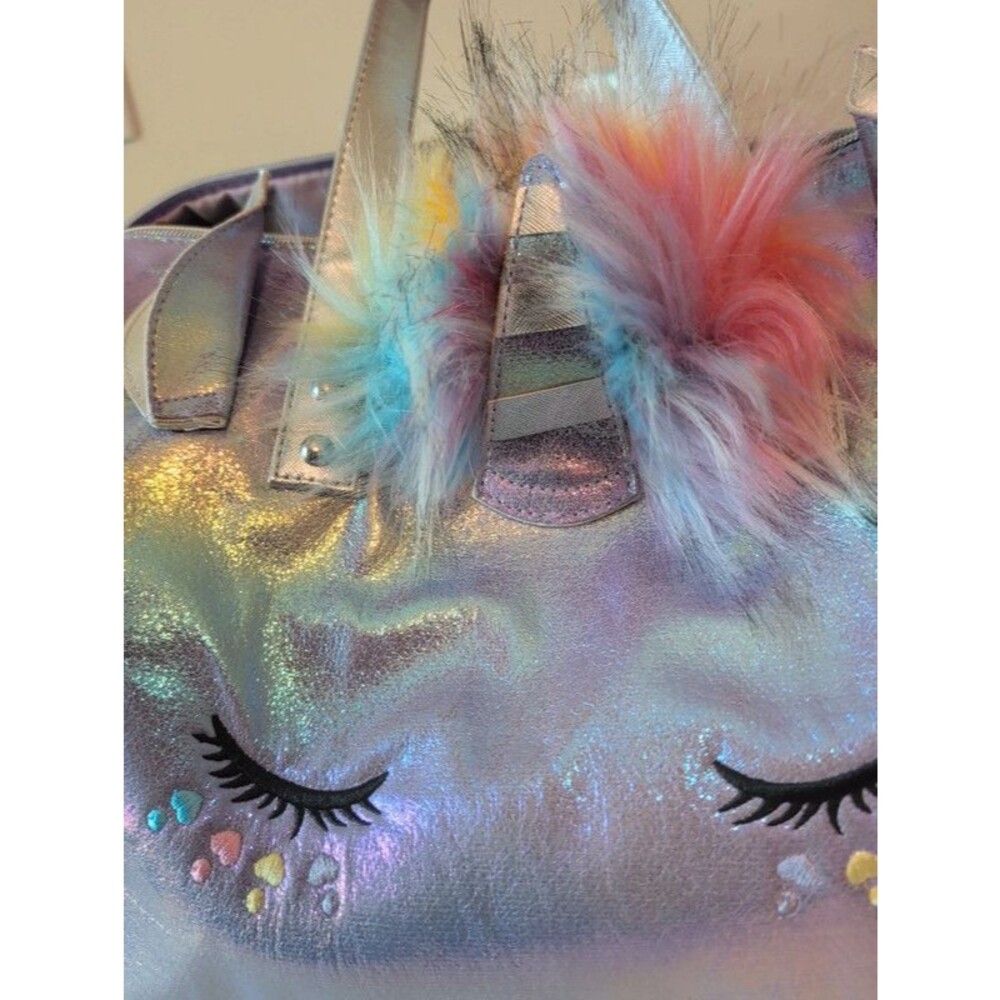 OMG Accessories Miss Gwen Unicorn Duffle Bag Lavender Metallic Rainbow Faux Fur